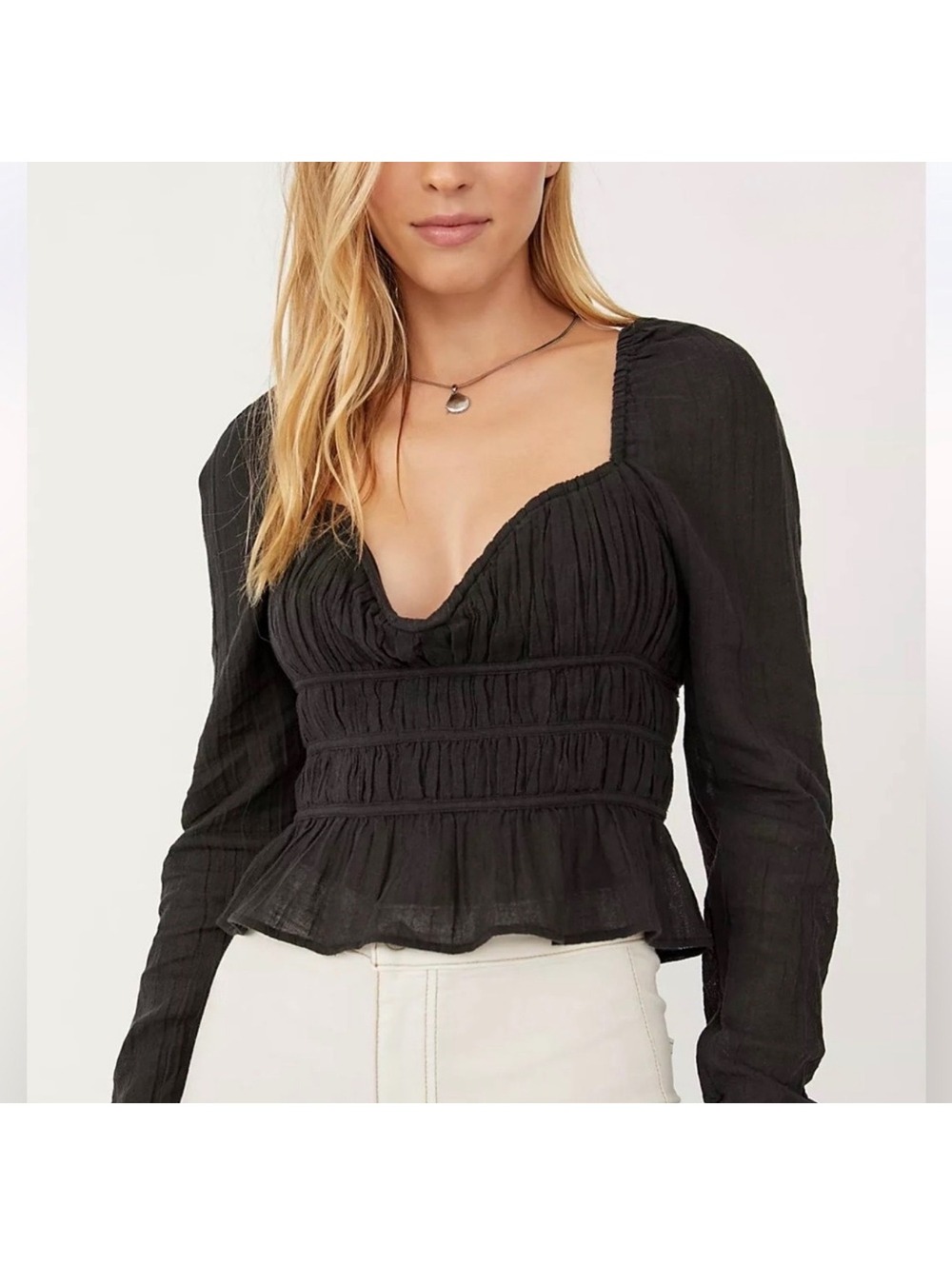 Free People Chloe Top Small Black Smocked Puff Sleeve Peplum Blouse